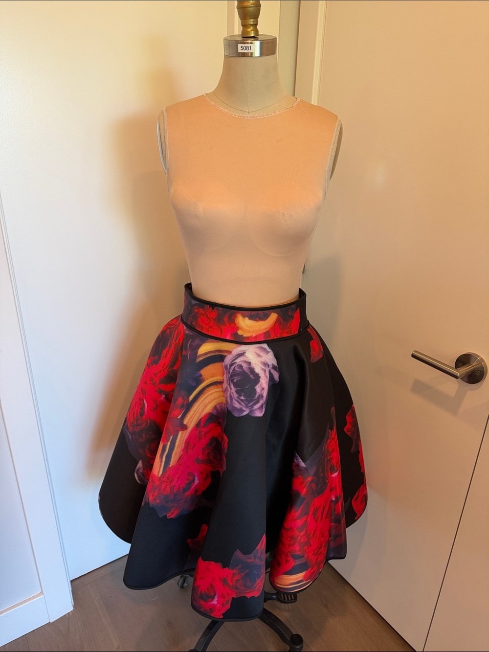 Beulah Black Full Circle Skirt with Red Floral Print